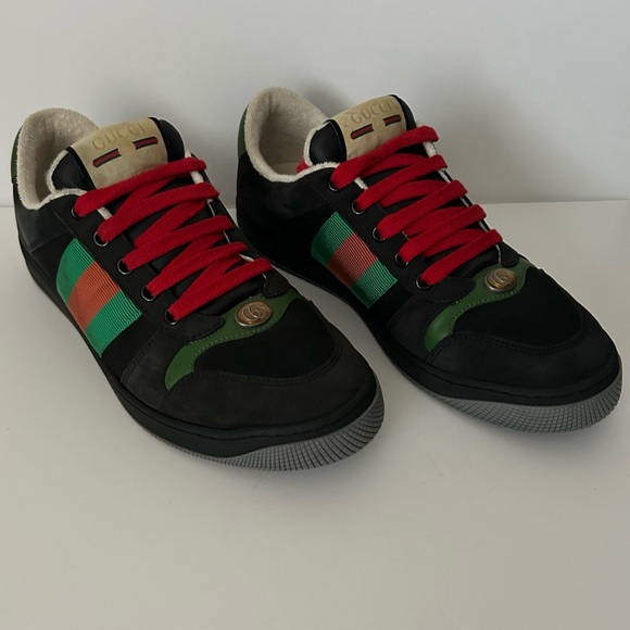 Men's Gucci Black Green Leather Suede Low Top Screener Sneakers Trainers Size 6 - Picture 1 of 11